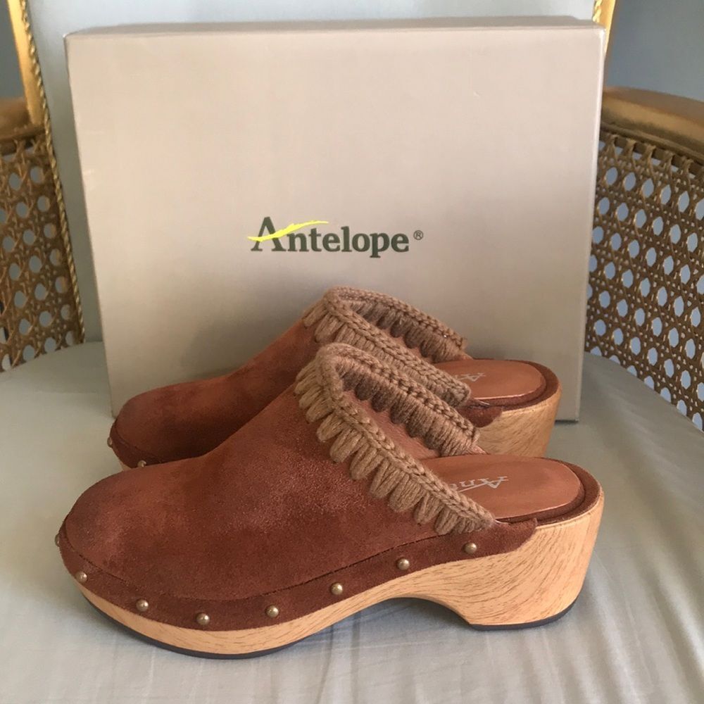 NWT Antelope Hedy brown suede leather slip on clogs Sz 38/7 boho gypsy hippie